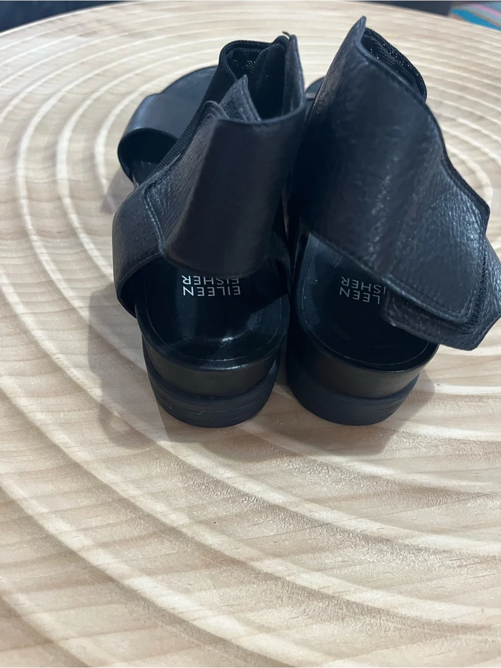Eileen Fisher Black Leather Wide-Strap Slingback Sandals